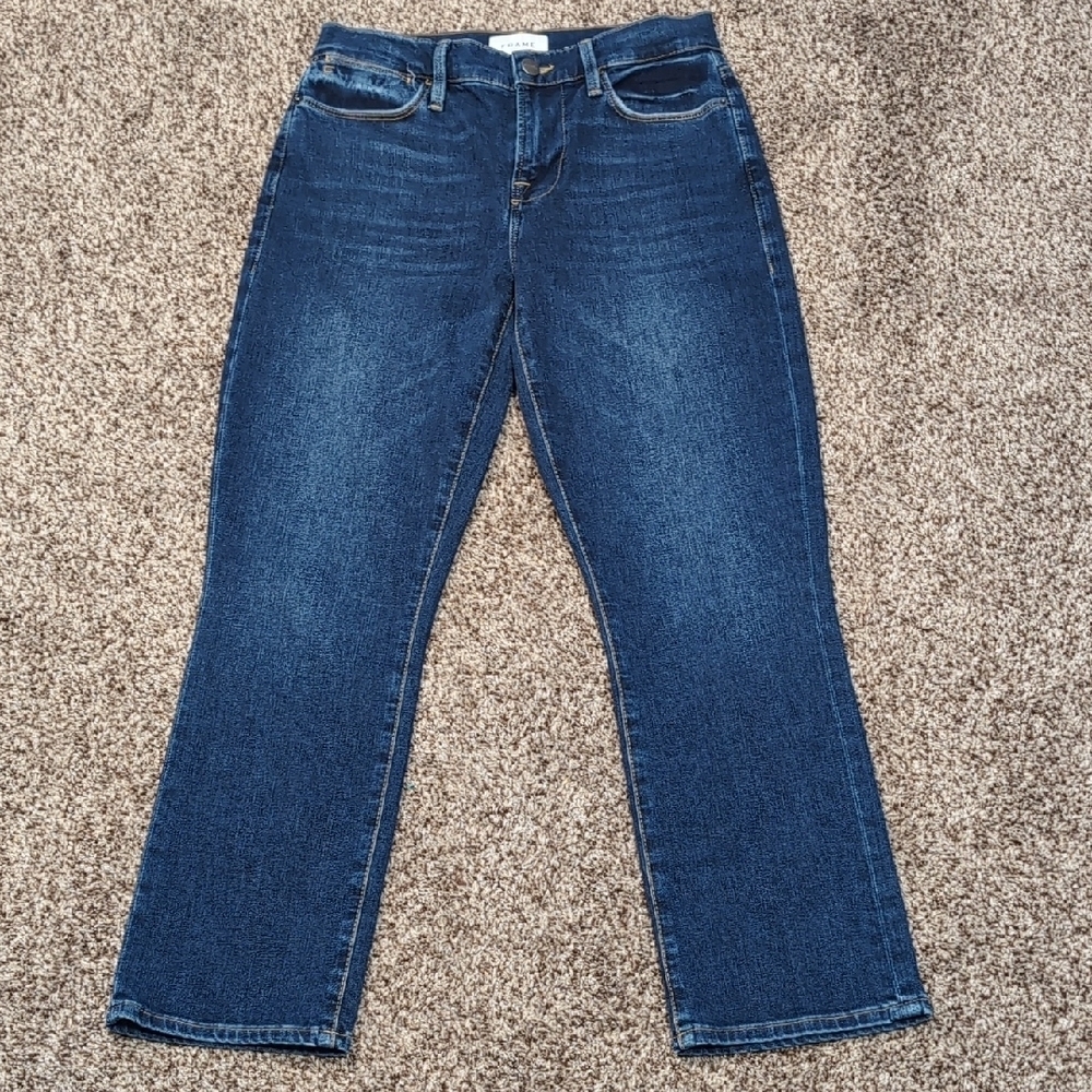 Frame Denim Le High Straight Size 26 Stretchy Cropped Dark Blue Jeans